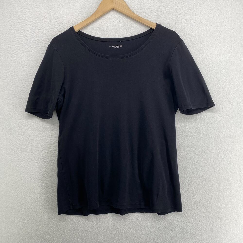 EILEEN FISHER Top L Organic Cotton Ribbed Jersey Scoop Neck Short Sleeve Blue